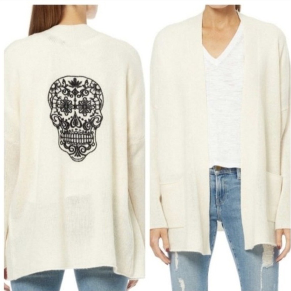 Skull Cashmere Hannah Chalk Cream Wool Cashmere Sugar Skull Open Cardigan